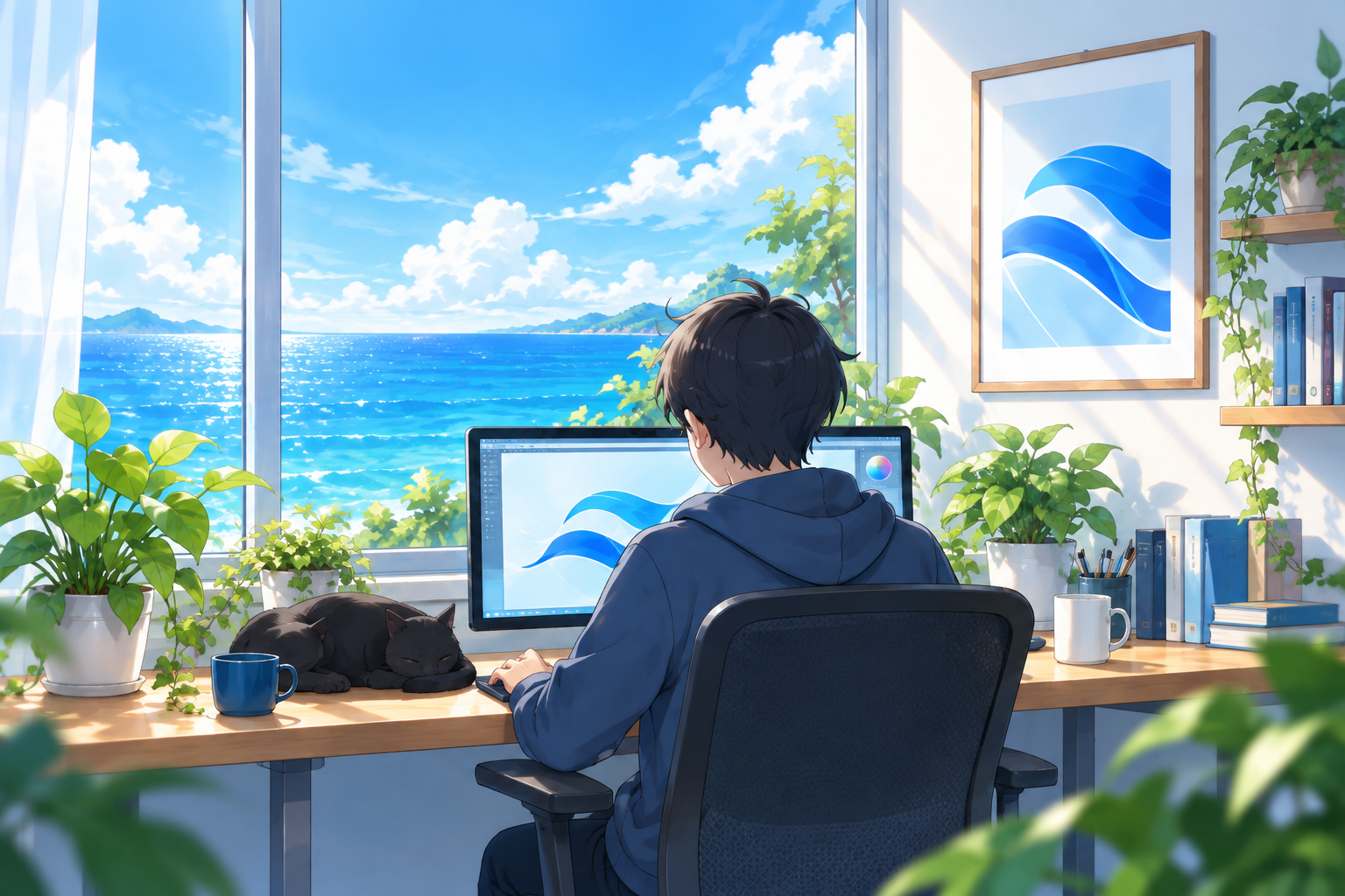 海を望む制作空間のイメージイラスト